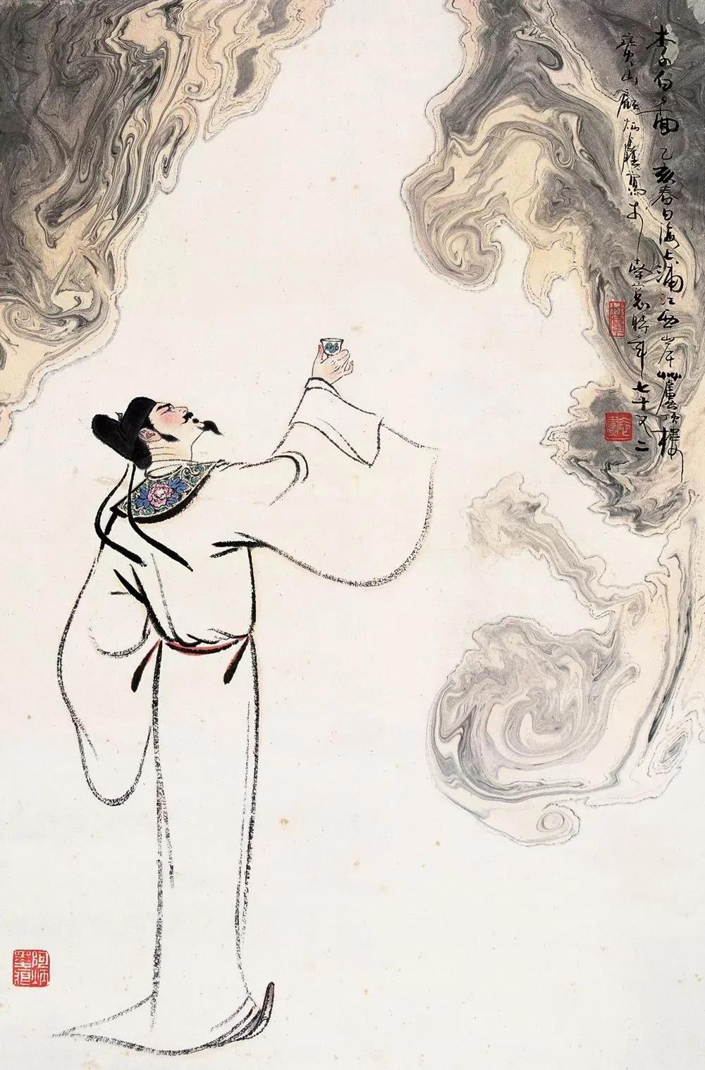 ▲“詩仙”李白勸自己喝酒：“舉杯邀明月，對(duì)飲成三人”。（圖片來源：三聯(lián)生活周刊）